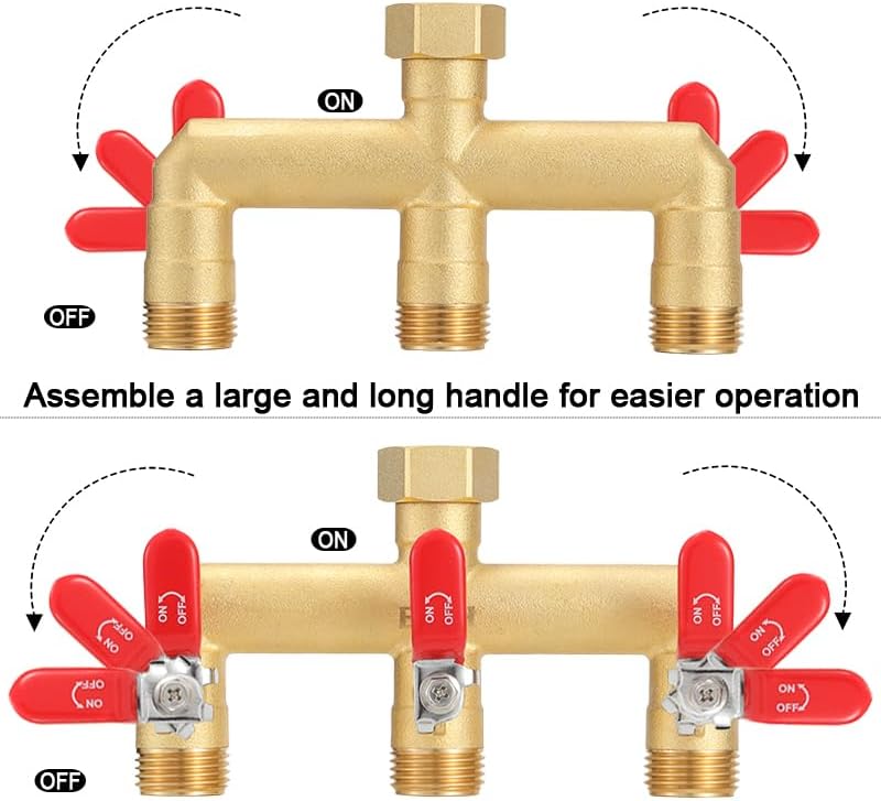 EBH Garden Hose Splitter, 3-Way High Flow Heavy Duty Brass Outdoor Hose Manifold with Long Handles Full Flow Faucet Adapter- 3/4” GHT(RED) - Image 5